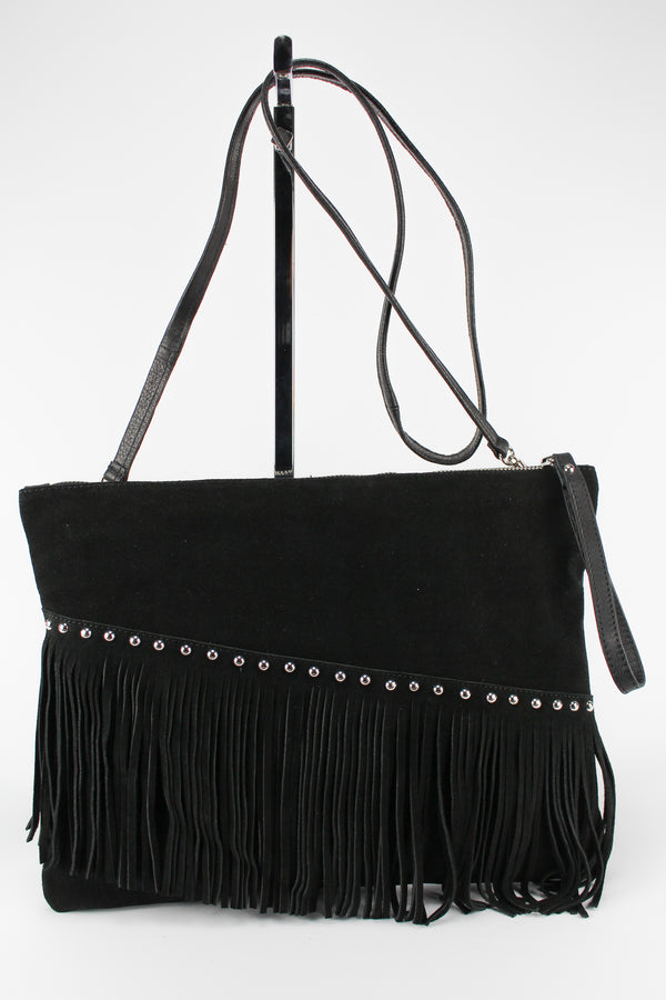 Clutch Bag Black Leather Studs &amp; Fringes
