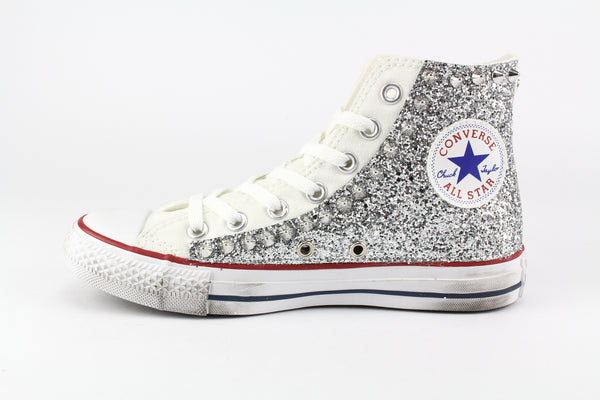 Converse All Star Bianche Personalizzate con Silver Glitter & Borchie