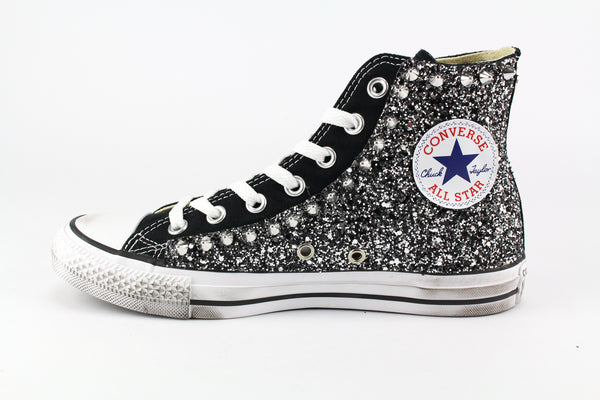 Converse All Star Personalizzate Glitter Black Silver e borchie