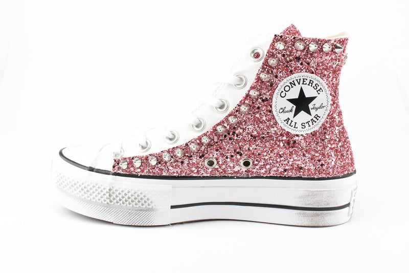 Converse All Star Platform Personalizzate Glitter Rosa & Borchie