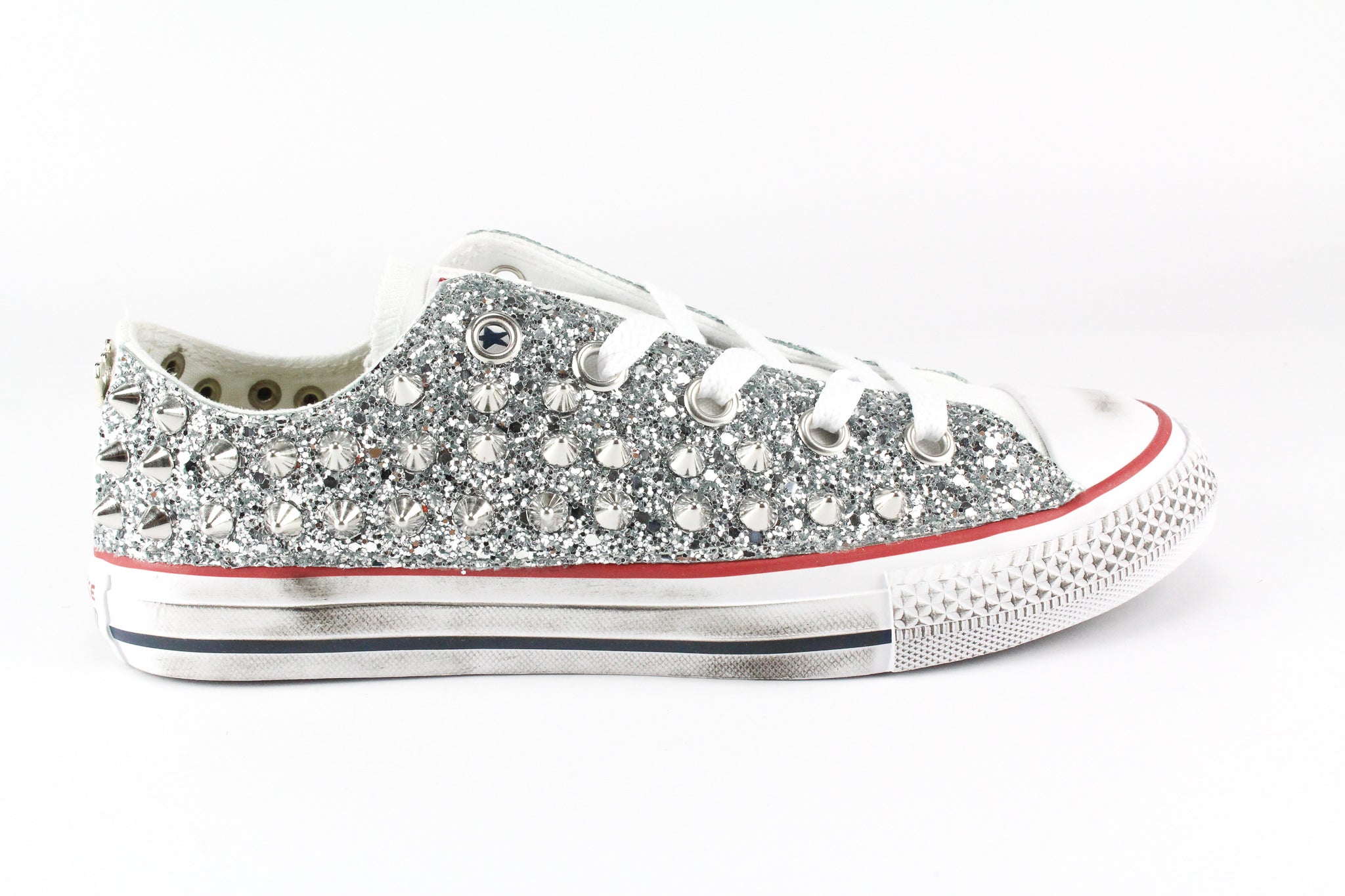 Converse All Star White Low Silver Glitter &amp; Studs