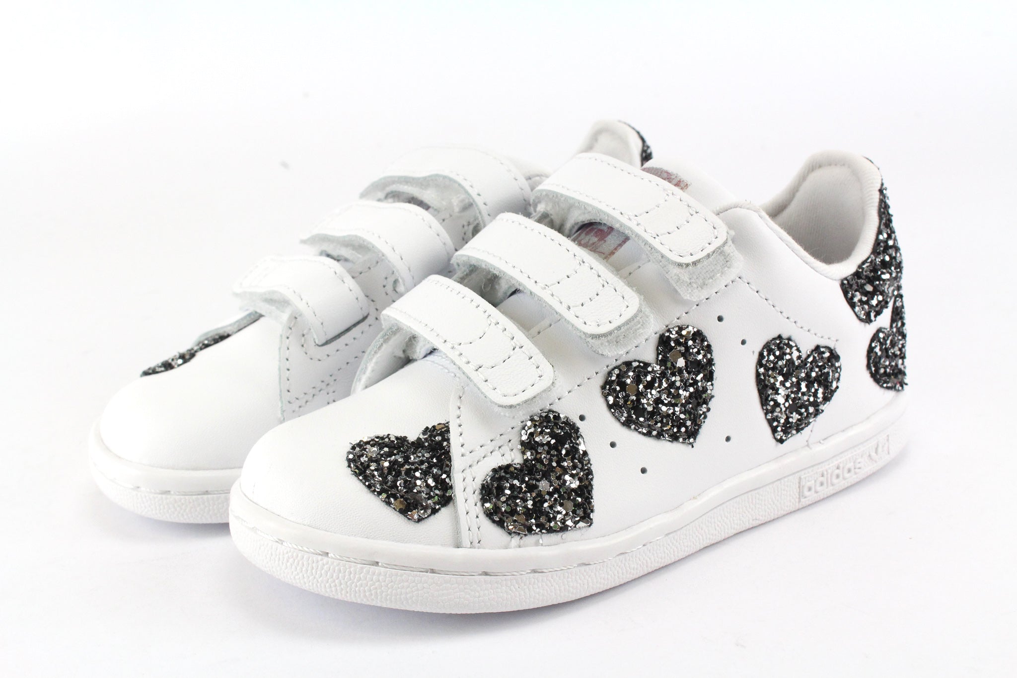 Adidas Stan Smith J Hearts Black Silver Glitter