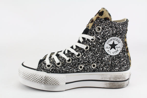 Converse All Star Platform Black Silver Glitter &amp; Spotted Cavallino