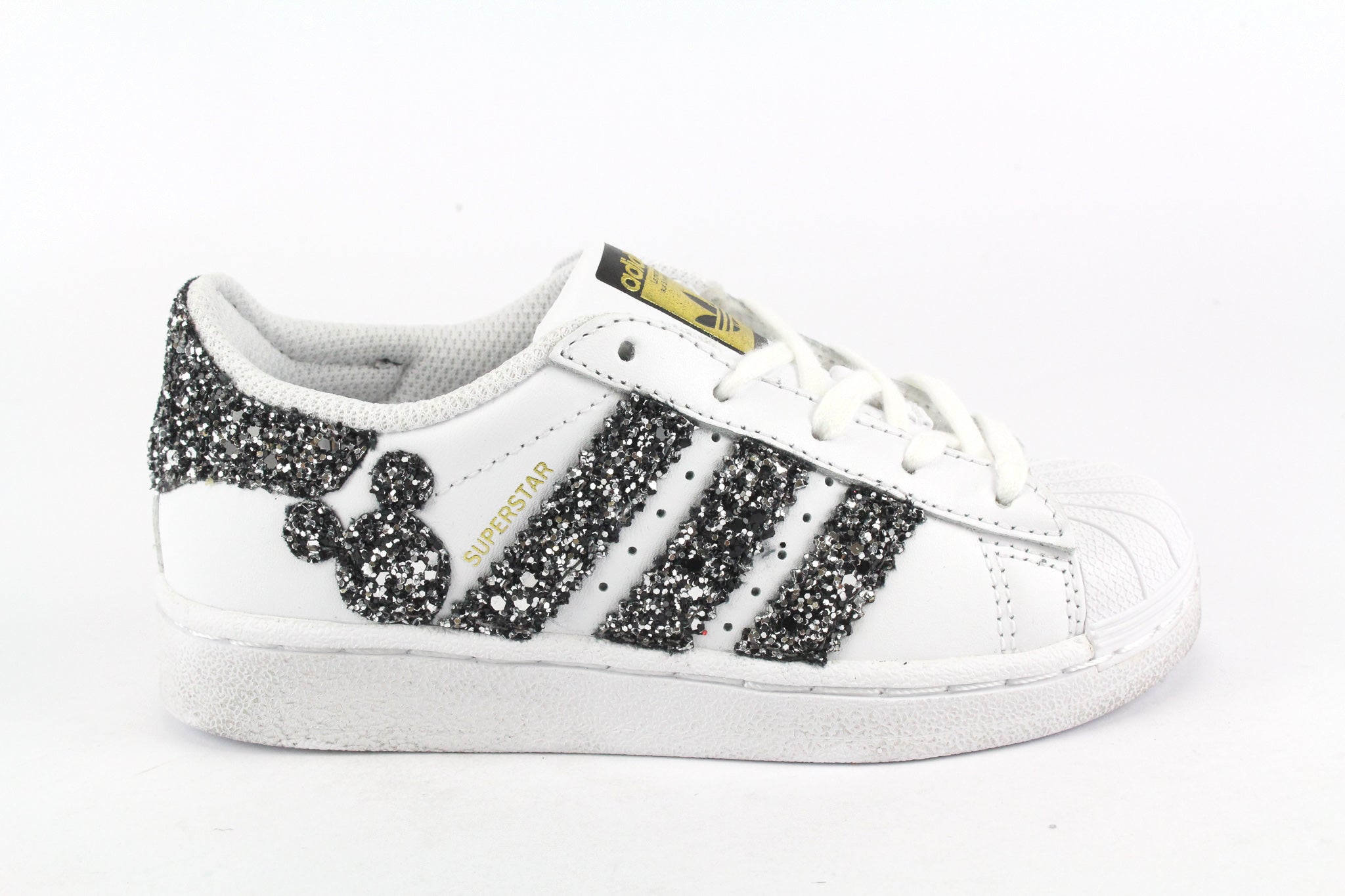 Adidas Superstar J Black Silver Glitter &amp; Mickey Mouse