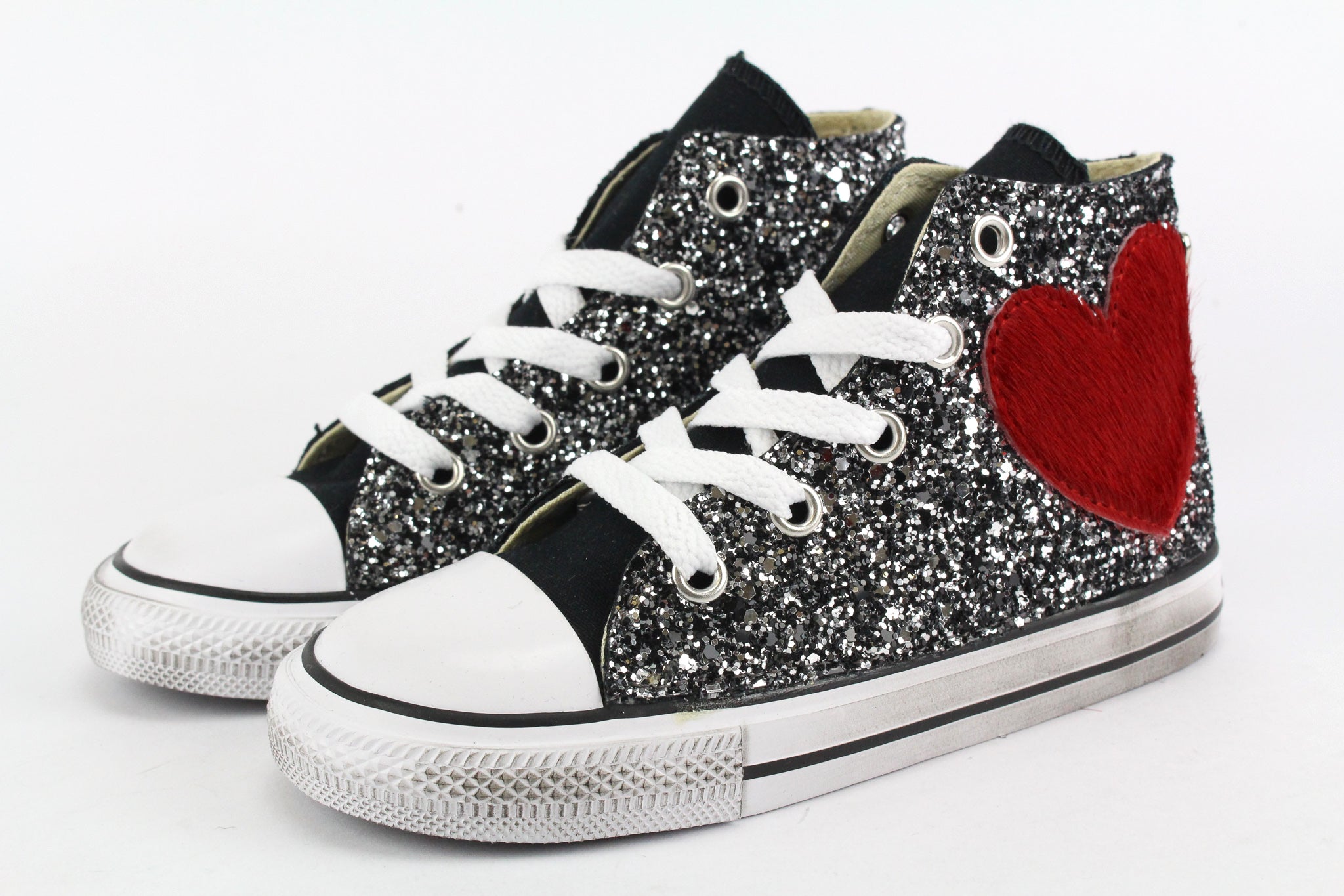 Converse All Star J Black Silver Glitter &amp; Red Heart