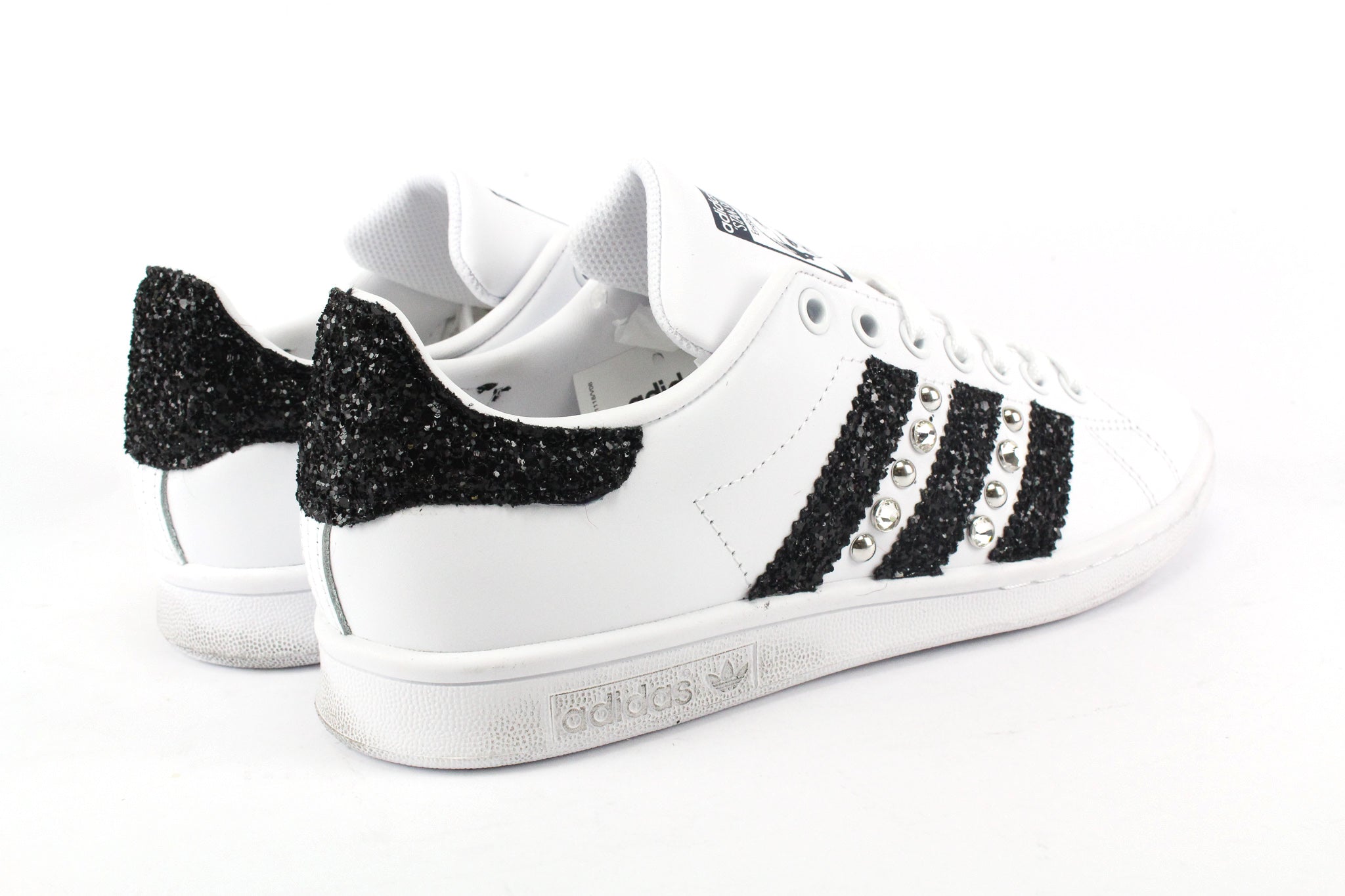 Adidas Stan Smith J Black Silver Glitter Studs &amp; Strass
